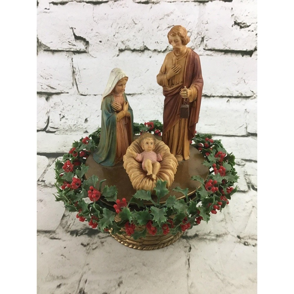 Vintage MCM Nativity Scene Musical With Mary Joseph Baby Jesus Silent Night‎